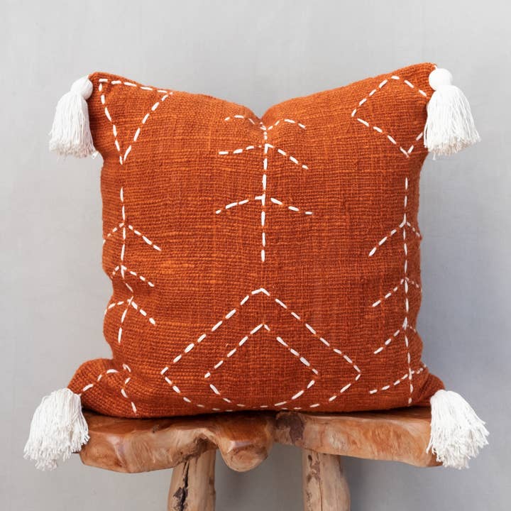 Bali Harvest - Wholesale Throw Pillow Cover - Boho Cushion Cover / Cotton Throw Pillow - Brick Fern Tassel