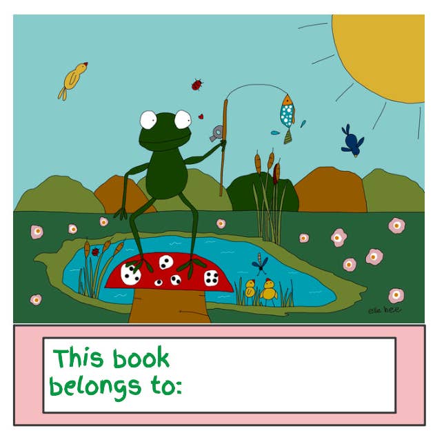 Bookplates - Set of 6 - Frog on toadstool for wholesale by Elle Bee Art Studio
