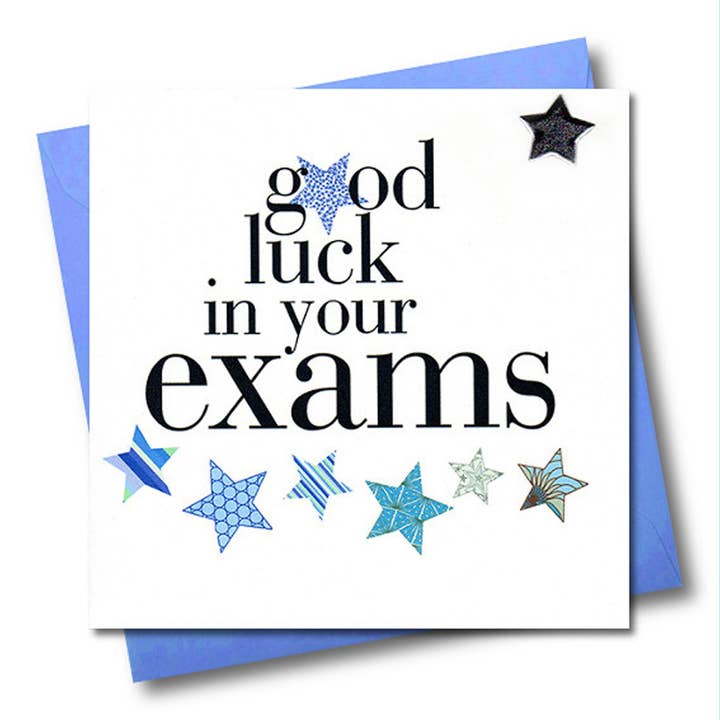 Tarjeta de buena suerte para el examen, estrellas azules, adornada con una estrella acolchada para venta al por mayor de Claire Giles Ltd