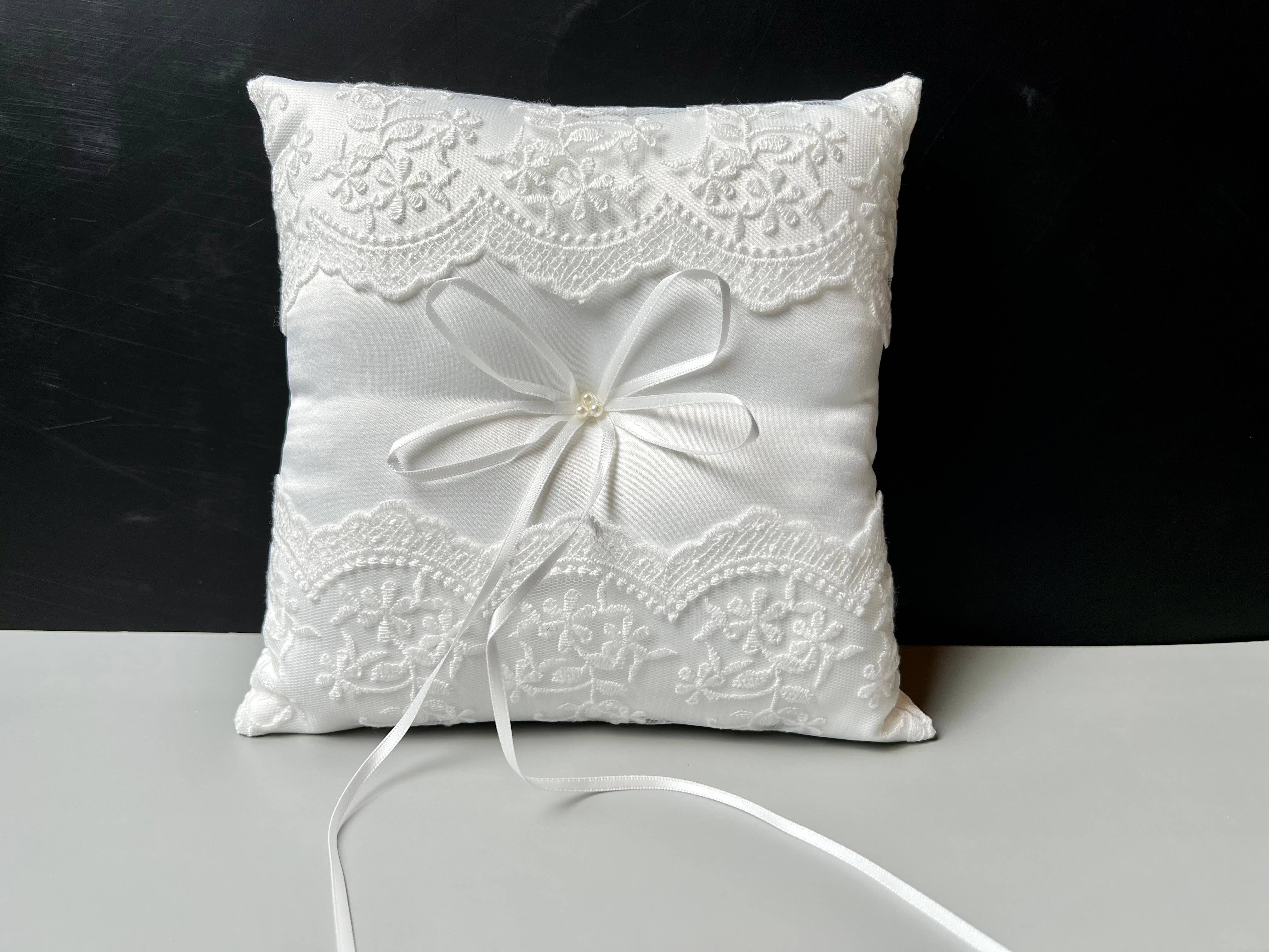 Floris Linens - Wholesale Pillow/Cushion - Kids & Baby - Three Pearl Wedding Ring Bearer Pillow with Lace5