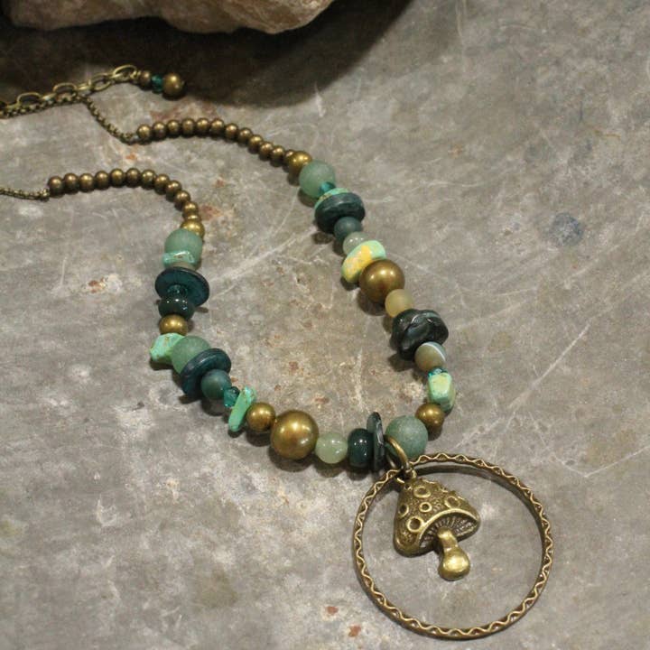 Bohemian Bronze Mushroom Stone Necklace for wholesale by The Primitive Peddler, Inc.