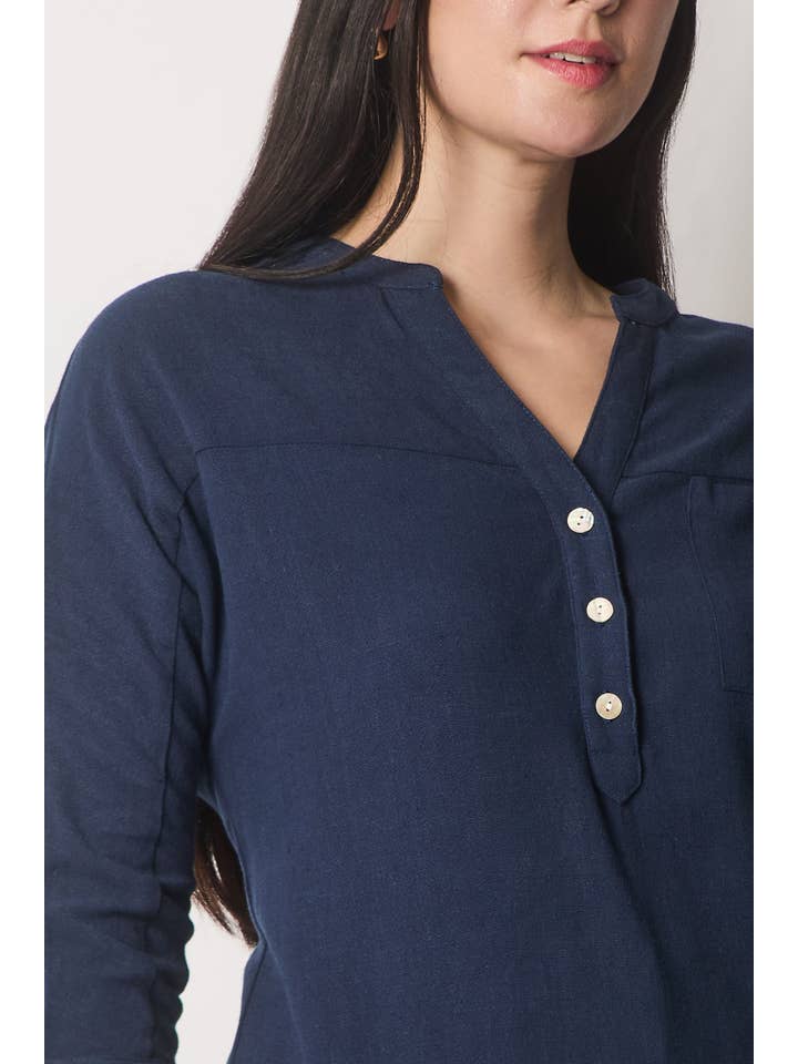 SOLO - Wholesale Blouse - Women's - Linen Blend Buttoned Blouse - Navy