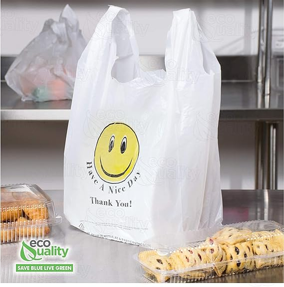 EcoQuality - Wholesale Grocery/Shopping Bag - EcoQuality White Smiley Face Plastic Shopping Bags Medium 10x5x183