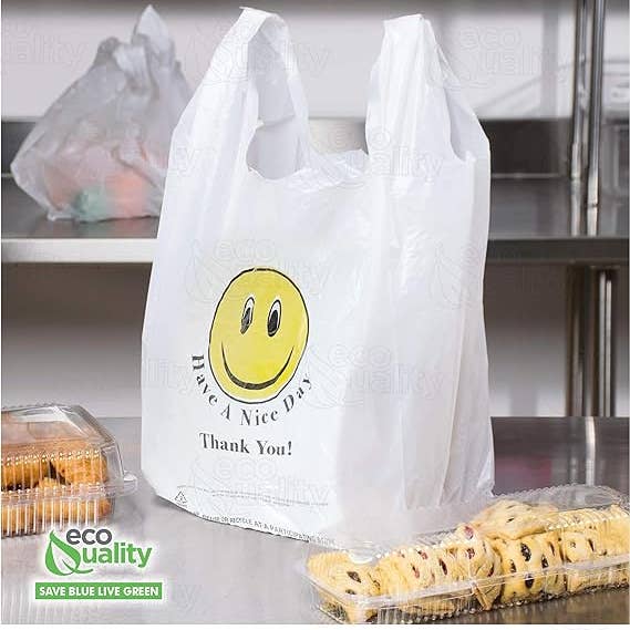 EcoQuality - Wholesale Grocery/Shopping Bag - EcoQuality White Smiley Face Plastic Shopping Bags Medium 10x5x183