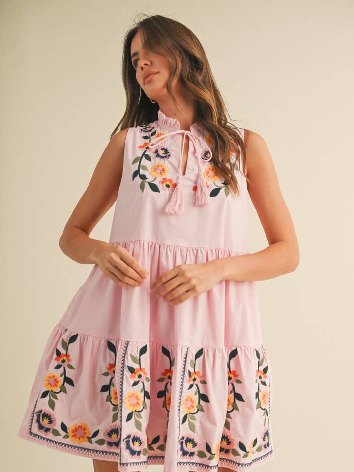 &MERCI - Wholesale Dress - Women's - FLORAL EMBROIDERY TIERED MINI DRESS MDR384125