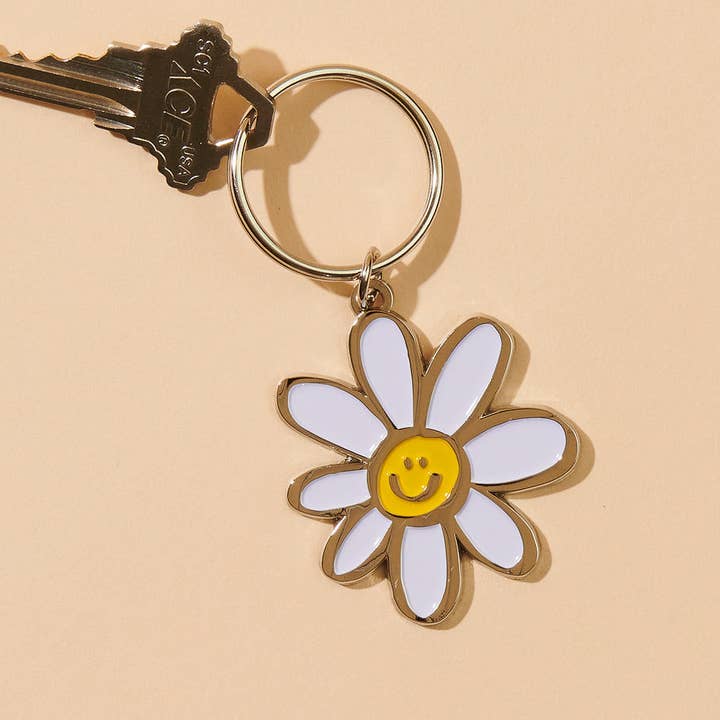 Happy Daisy Flower Enamel Keychain, Bag Charm - Stocking stuffer, Holiday, Gift Guide for wholesale by And Here We Are