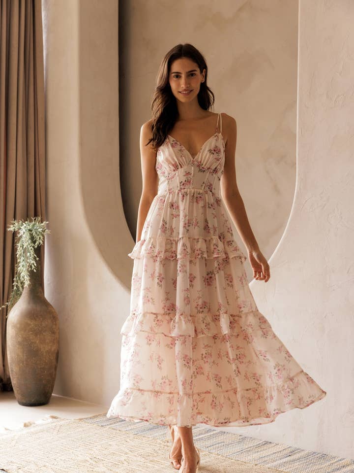 JD6873-2 - FLORAL RUFFLE TIERED MAXI DRESS for wholesale by STORIA