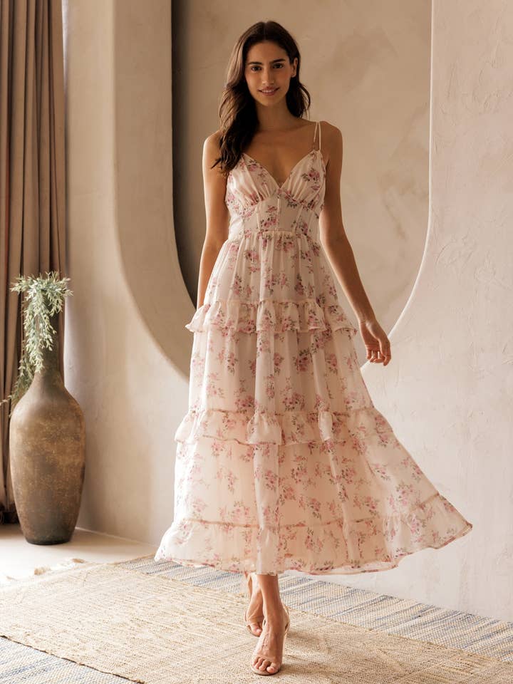 JD6873-2 - FLORAL RUFFLE TIERED MAXI DRESS for wholesale by STORIA