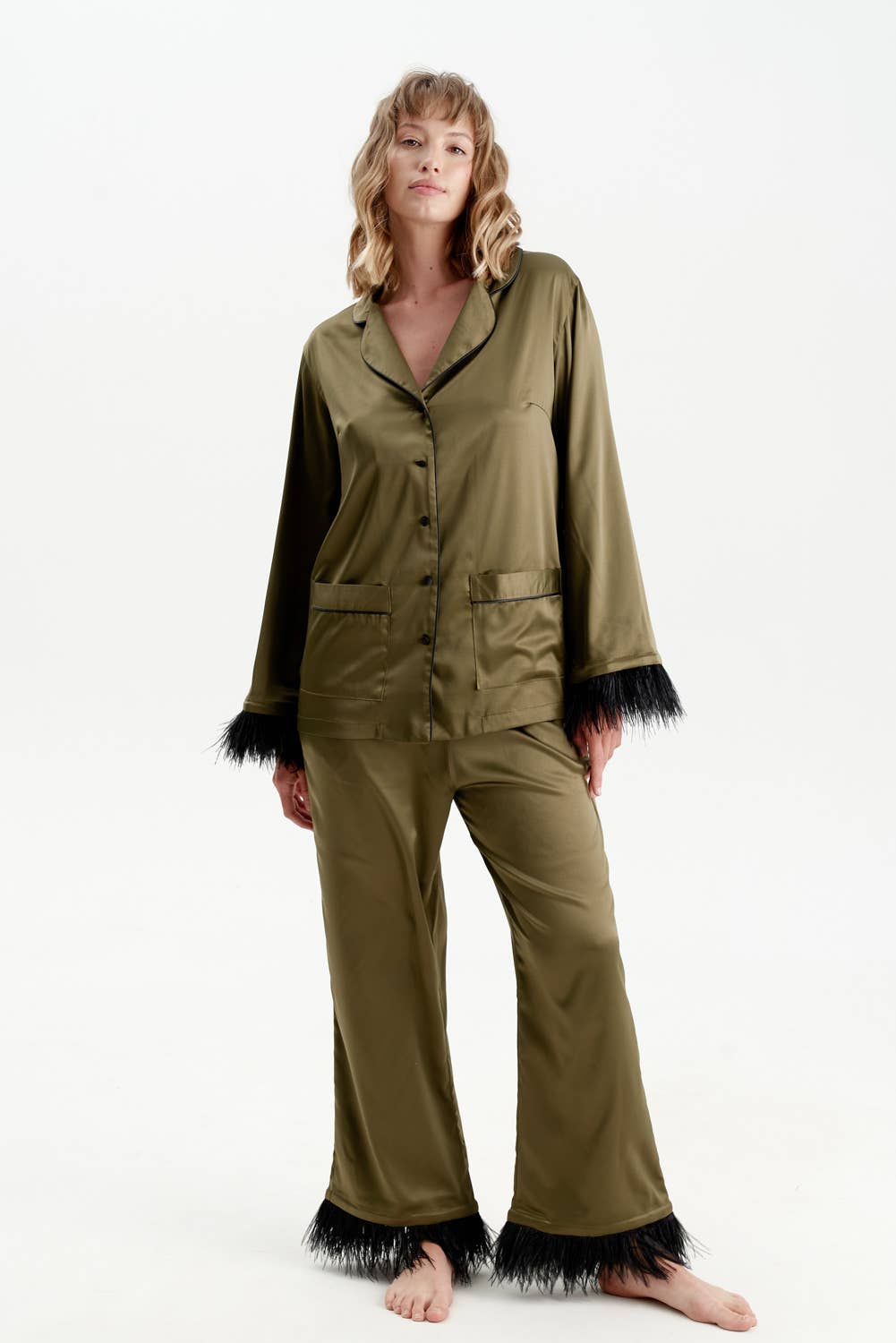 IDENTITY LINGERIE - Wholesale Sleepwear Set - Women's - Satin Feather Silk Pajamas Women Nightwear Long Pyjama Set0