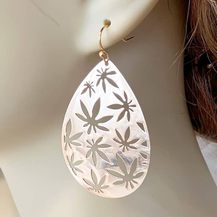 Gold Weed Dangle Earring Cut Out Teardrop - Boho Cannabis for wholesale by Smokies Toke Couture