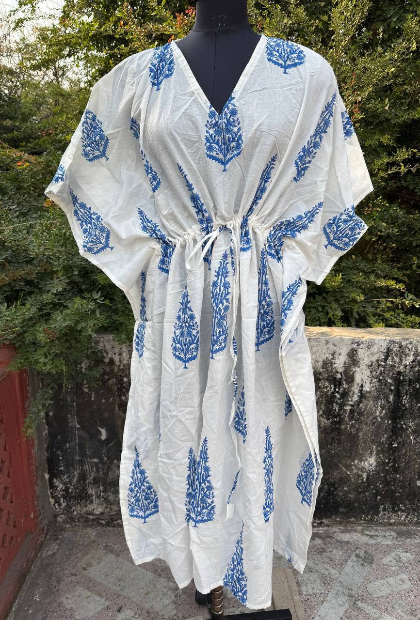 bhavnas boutique - Wholesale Kaftan - Women's - White Cotton Maxi Dress Block Print Women Long Kaftan Dress