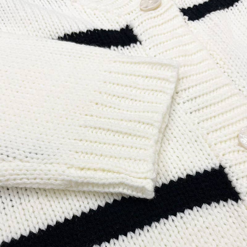 WHITE Striped V-neck sleeved chunky knitted cardigan for wholesale on Faire14