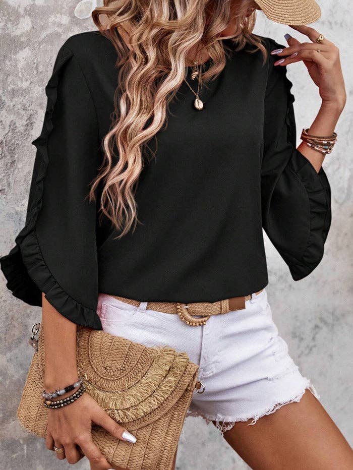 Suhkasana - Wholesale Blouse - Women's - Summer Solid Ruffle Loose Fit Sleeve Shirt7