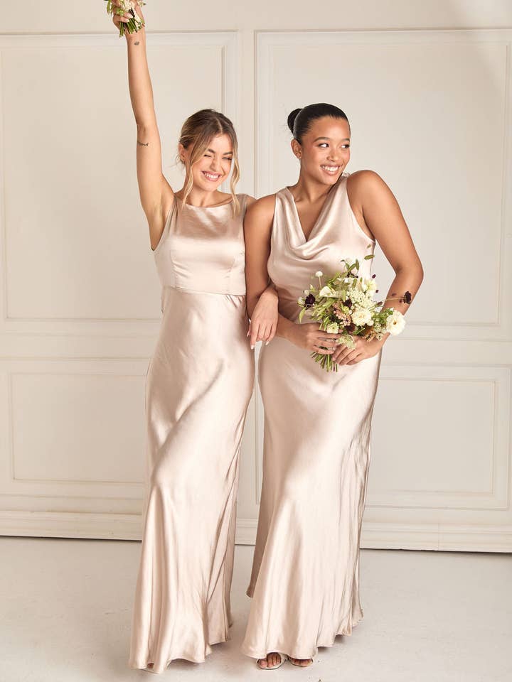 Cowl Front Satin Bridesmaid Dress - Oyster for wholesale by Six Stories