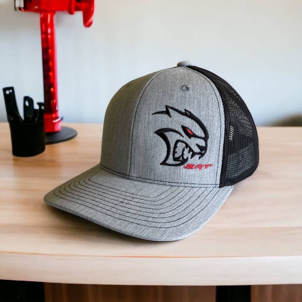 Heather Grey Black Hat - Dodge SRT Hellcat REDEYE SnapBack Trucker (Heather Grey/Black) for wholesale on Faire