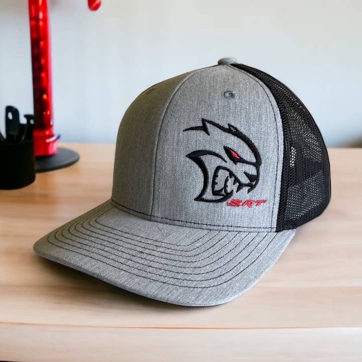 Heather Grey Black Hat - Dodge SRT Hellcat REDEYE SnapBack Trucker (Heather Grey/Black) for wholesale on Faire0