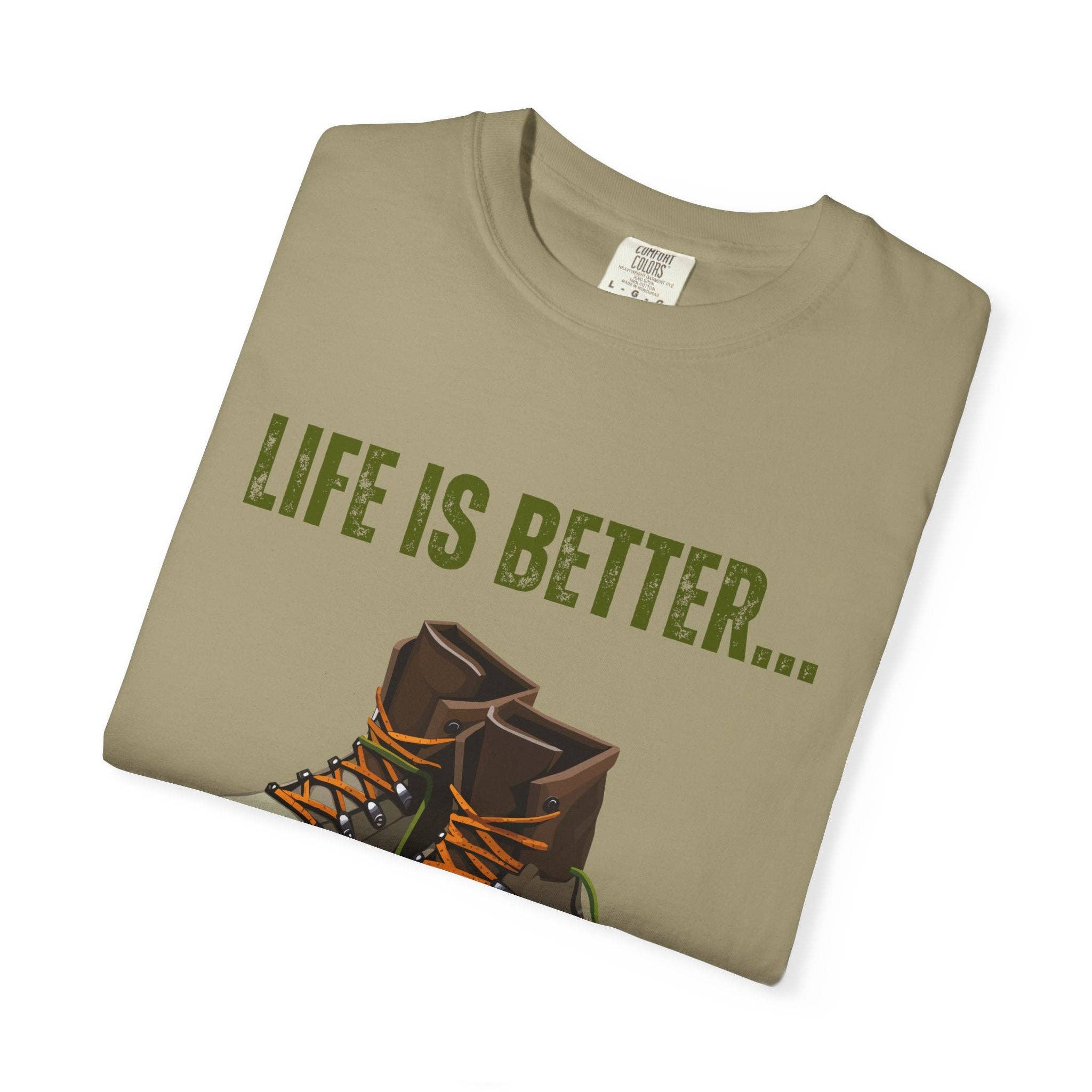 Restored By Nature Company - Wholesale Screen Printed T-Shirt - Unisex - Unisex Graphic Tee – Life Is Better…In Hiking Boots – Soft Cotton2