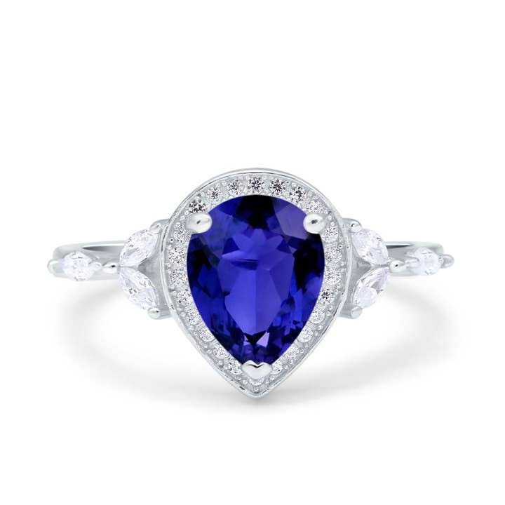 Teardrop Pear Art Deco Engagement Wedding Bridal Halo Ring Round Marquise Simulated Blue Sapphire CZ for wholesale by Blue Apple Imports