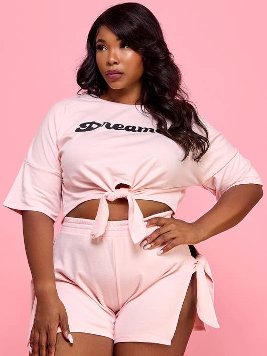 Plus Front Tie Short Sleeve Crop Top & Side Tie Short for wholesale by Namatt Design