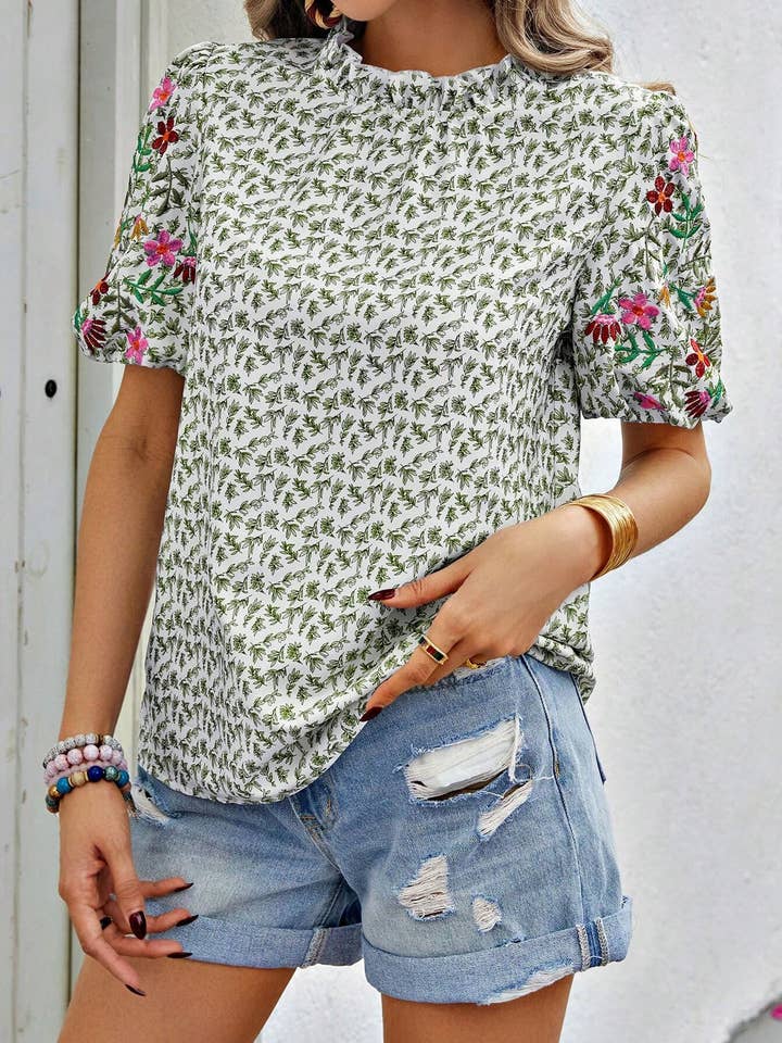 Lily Clothing - Wholesale Blouse - Women's - EMBROIDERED PRINTED TURTLENECK BLOUSE