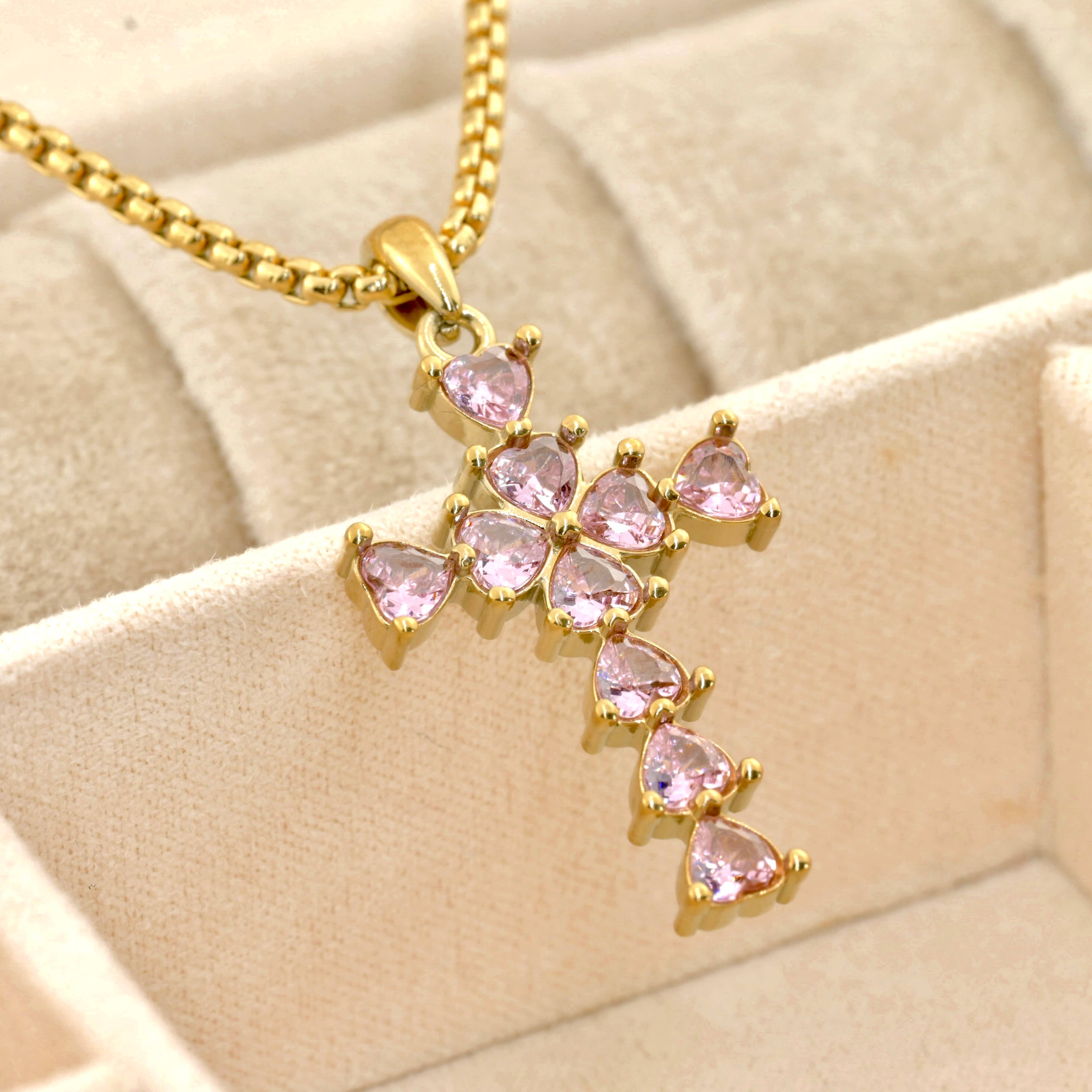 Blueyejewelry - Wholesale Pendant/Charm Necklace - Long Diamond Cross Necklace with Heart Shaped Stones4