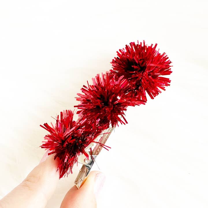 Sandy + Rizzo - Wholesale Hair Clip - Women's - Red Tinsel Party Pom Hair Clip
