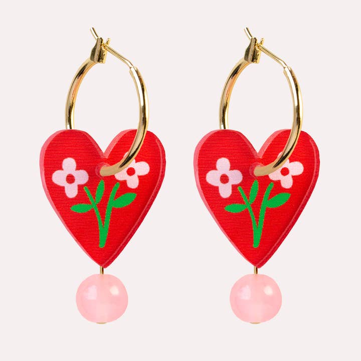 Heart Dangle Earrings | Red Floral | Jewellery Gift for Her for wholesale by Natalie Lea Owen – Handmade Jewellery & Greeting Cards