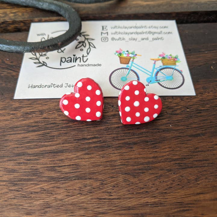 With Clay & Paint – wholesale Stud/post earrings – Red polka dot heart studs