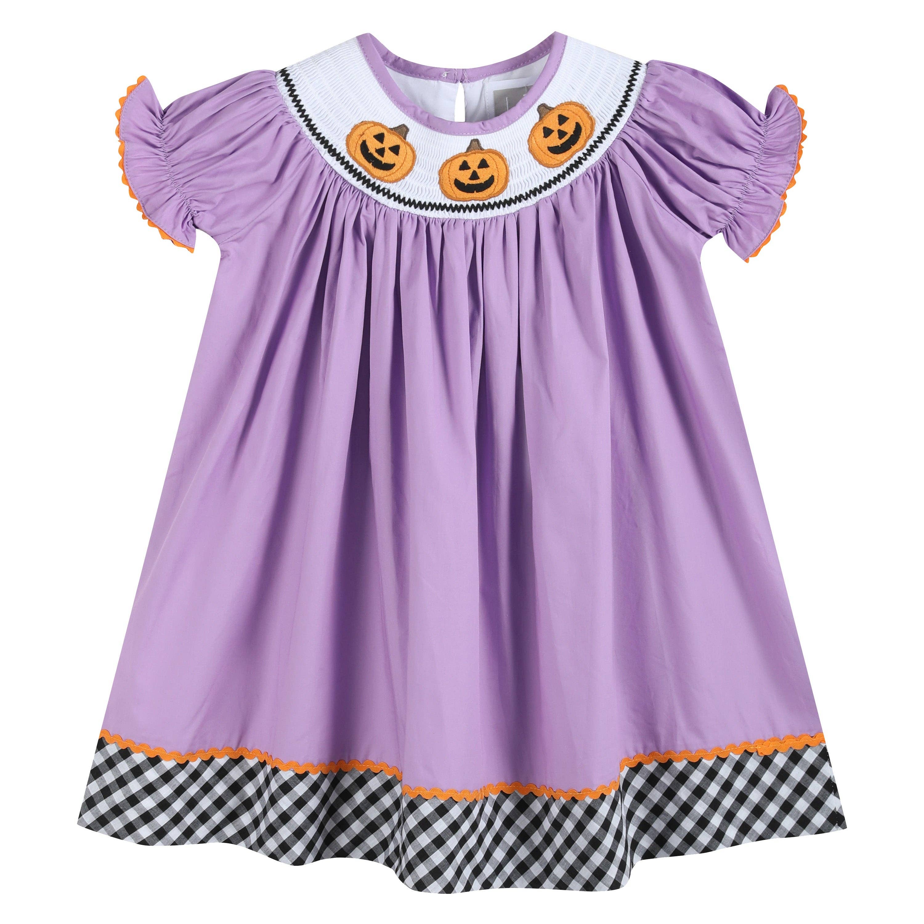 Lil Cactus - Wholesale Dress - Kids - Purple Halloween Smocked Bishop Dress0