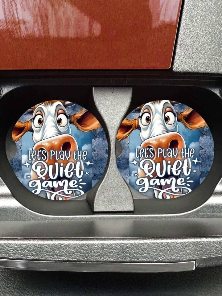Let's Play The Quiet Game Funny Cow Neoprene Car Coaster Set for Cup Holder Absorbent Washable and Fun for wholesale by Sip Sleeves ~ Insulated Cup Sleeves and Drink Accessories