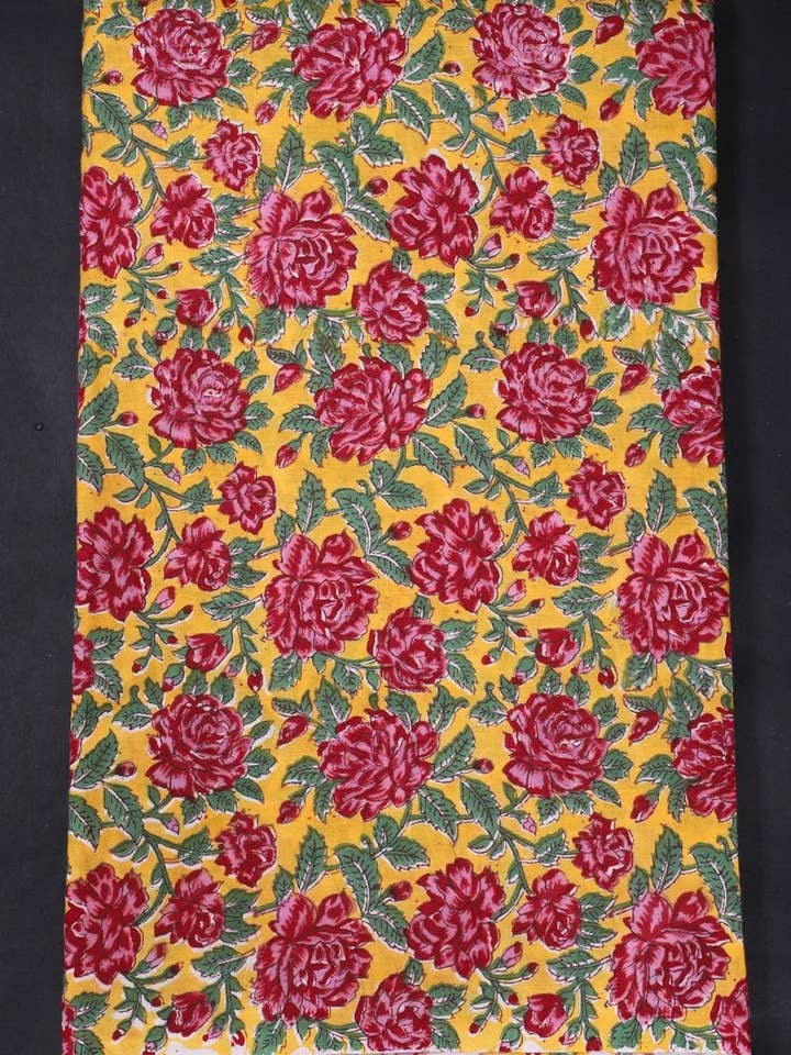 Tissu imprimé à la main - Tissu en coton jaune à motif floral - Tissu de course au mètre pour la vente par PEI