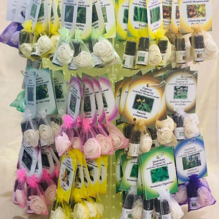 VPS Stones Inc. - Wholesale Spiritual Stone/Crystal - Display of 36 Crystal Healing Bags and 36 Oils -Free Display
