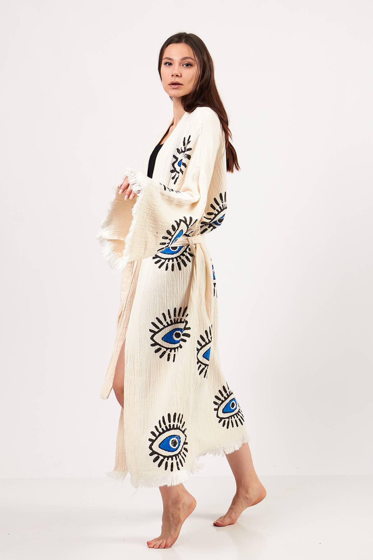 Yaz Concepts - Venta al por mayor Kimono - Mujer - Kimono Turco con Estampado de Ojo Turco Blanco y Azul9