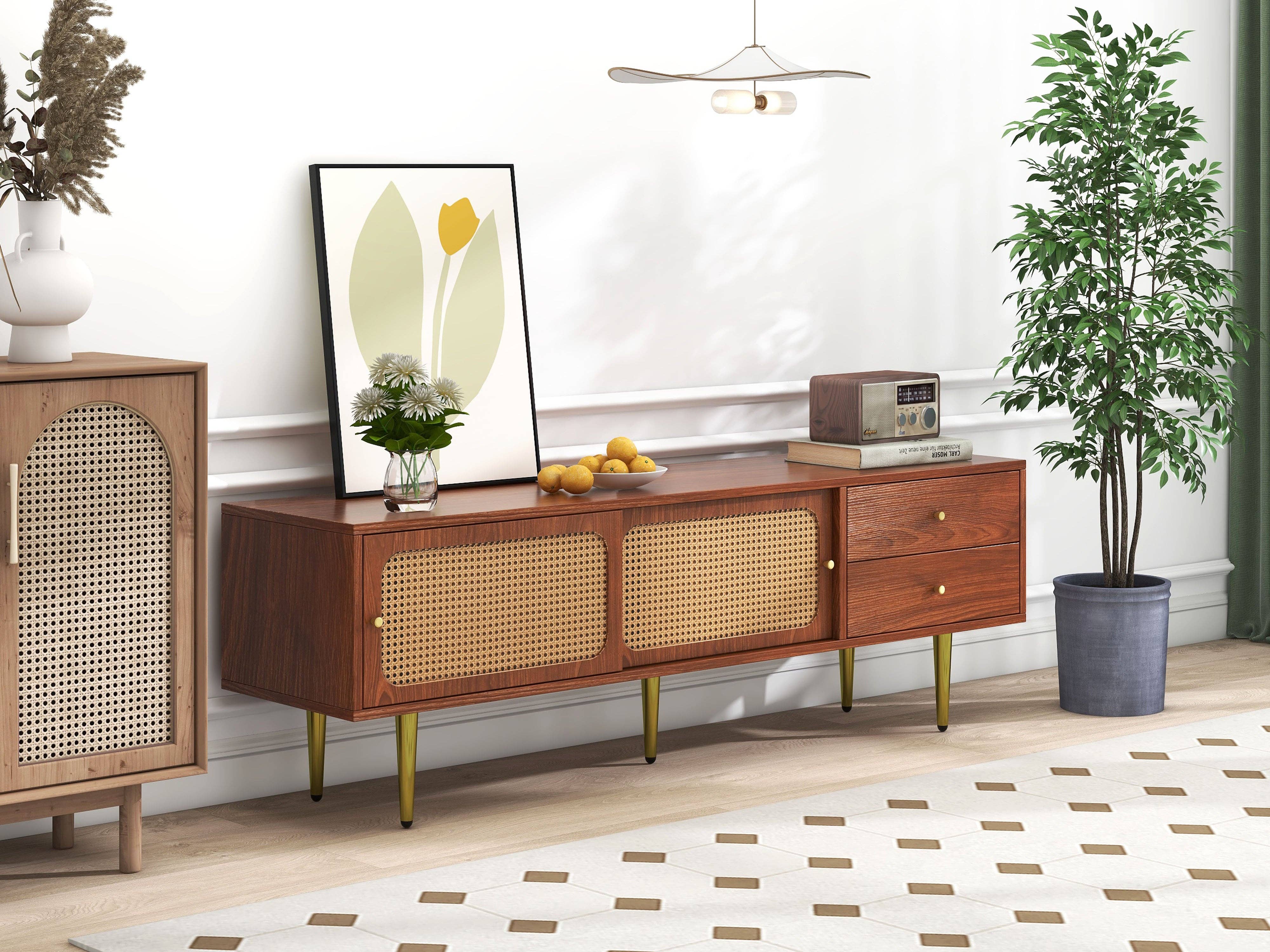 Urban Meuble - Wholesale Console Table - Dark wood effect rattan TV stand with 2 sliding doors, 2 drawers, and gold legs IZEID5