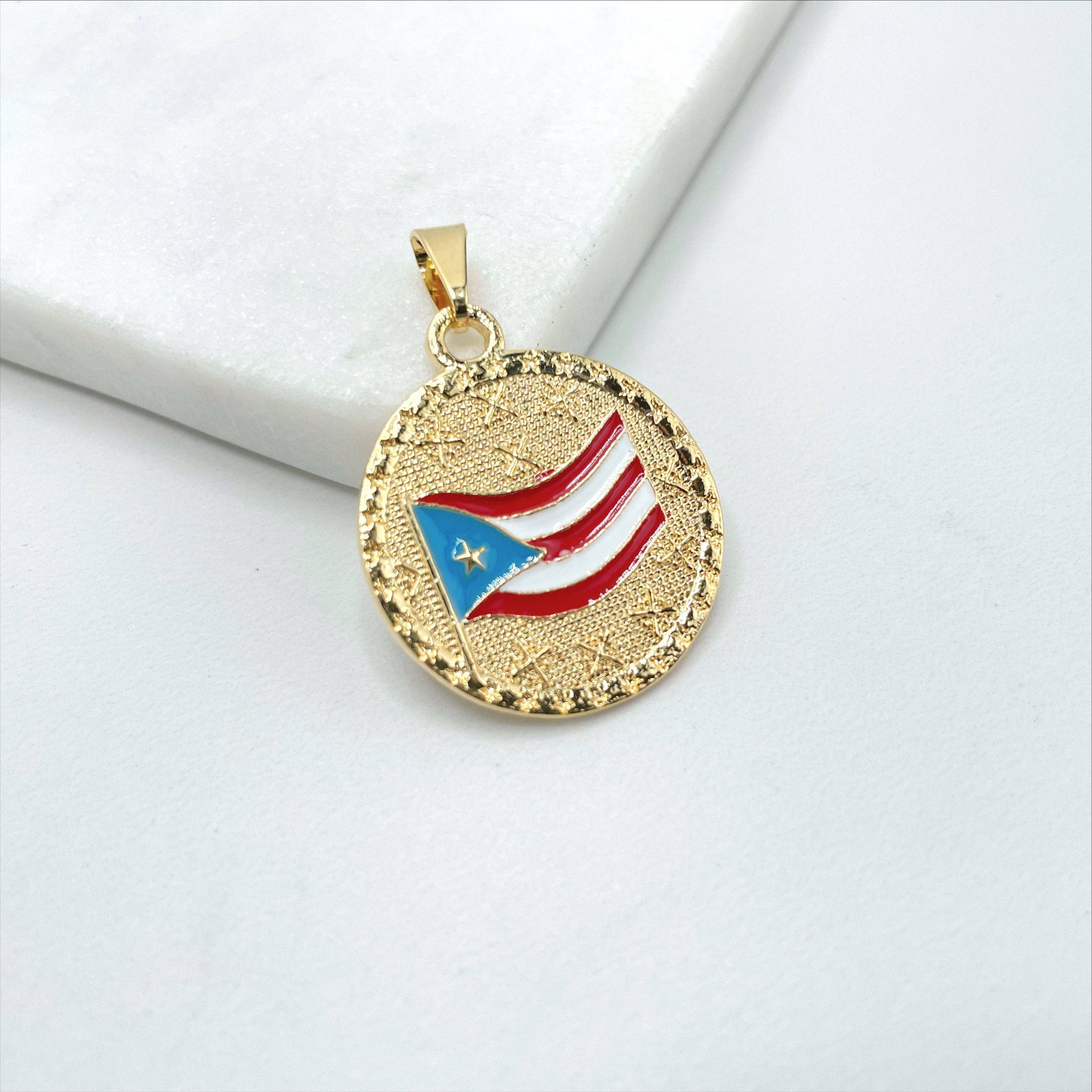 DIJU Jewelry - Wholesale Individual Charm/Pendant - 18k Gold Filled Texturized Puerto Rico Colored Medal Flag Pendant Charms, Flag with Name or Flag with Stars, Wholesale Jewelry Supplies4