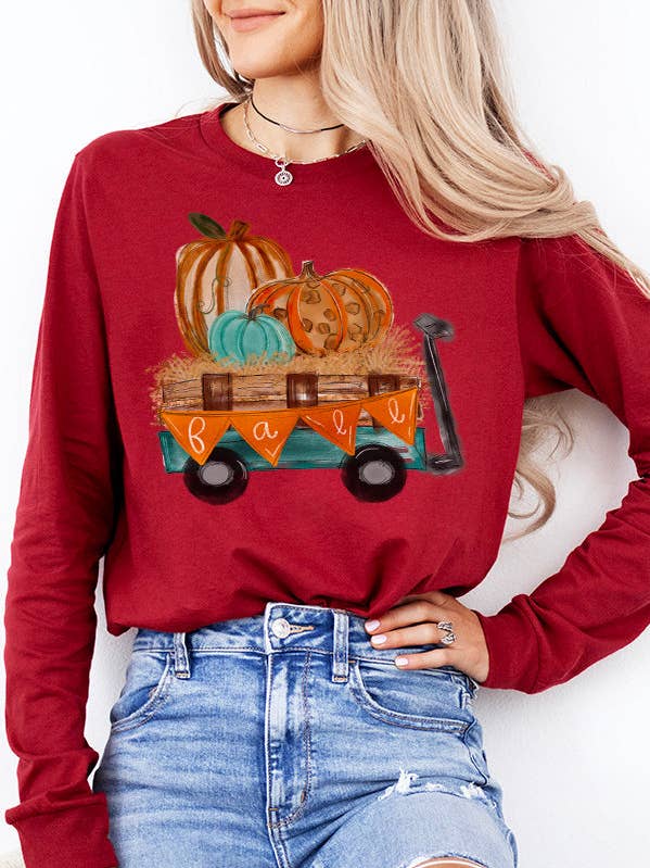 Autumn Clothing Fall Pumpkin Wagon Long Sleeves Top 52621 for wholesale by Cali Boutique Wholesale