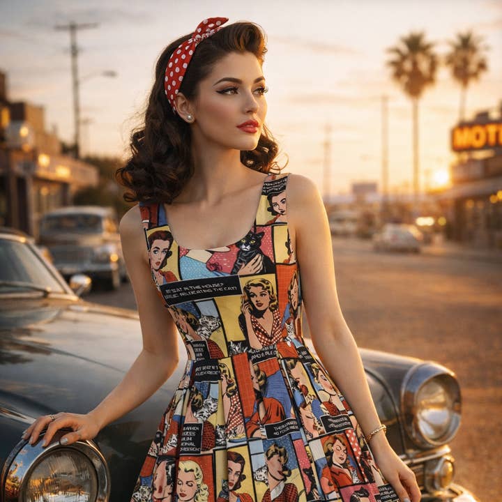 Vestido rodado Amanda com decote scooped e estampa de tiras cômicas por atacado de Dolly & Dotty