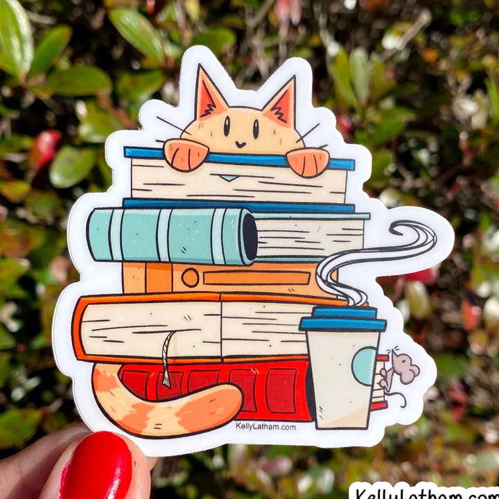 Books and Orange Cat Bookstore Waterproof Vinyl Sticker Cute for wholesale by Kelly Latham Art