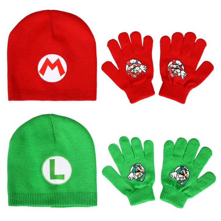 Super Mario Brothers Mario & Luigi Youth 2-Pack Beanie And Glove Set for Kids for wholesale by Bioworld Merchandising