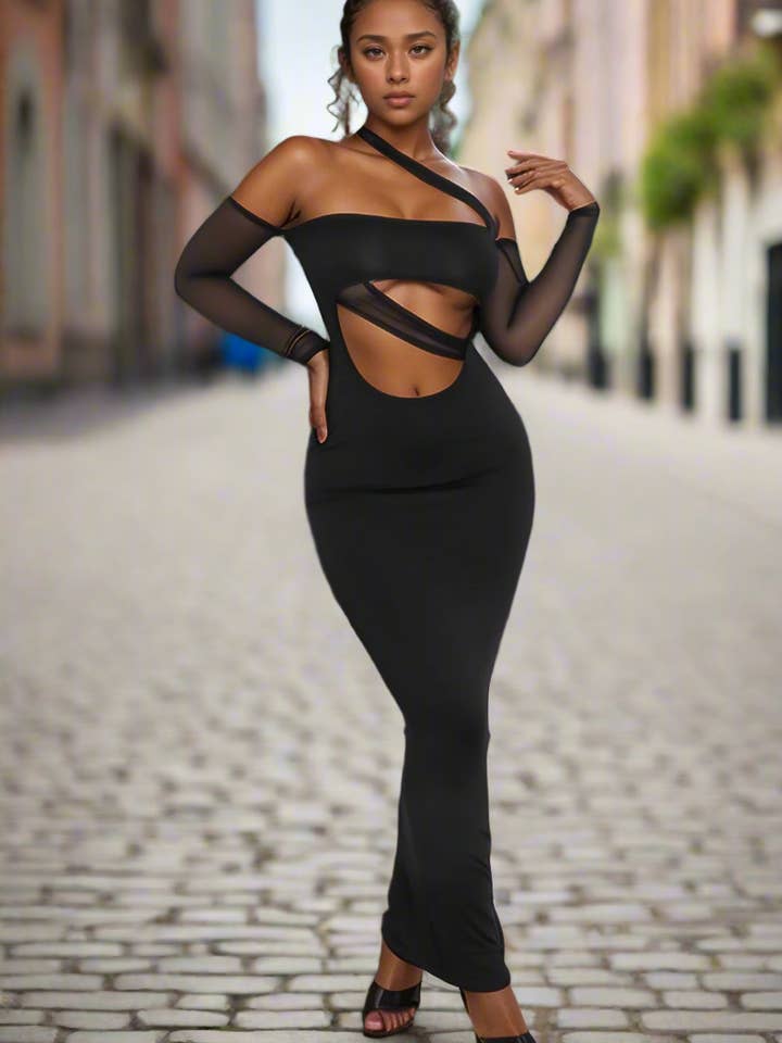 Elegant sort maxikjole for engroshandel hos J2 FASHION