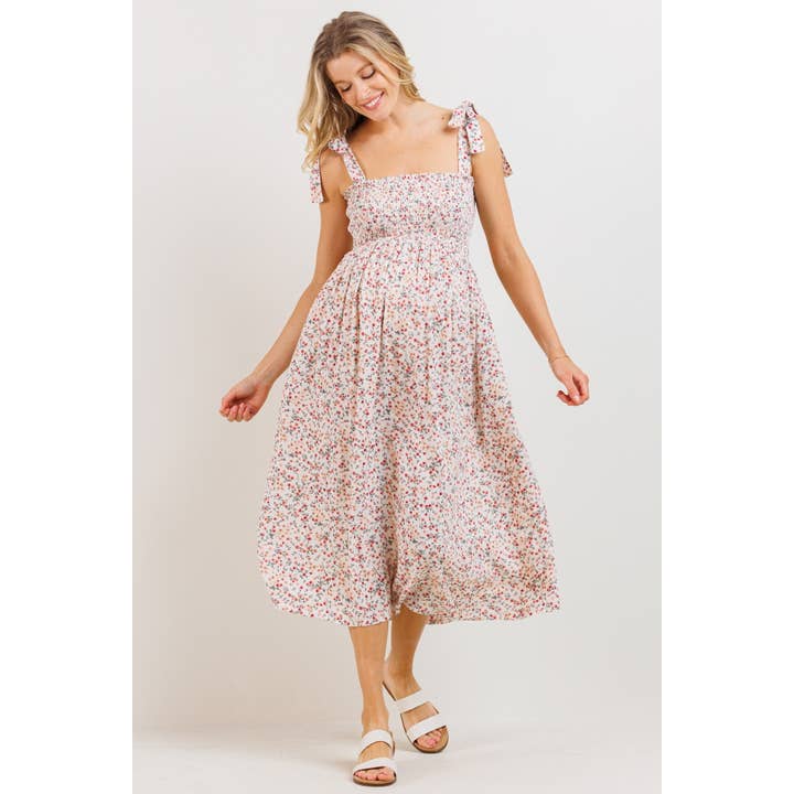 Robe midi de maternité fleurie à bretelles à nouer pour la vente par Hello Miz
