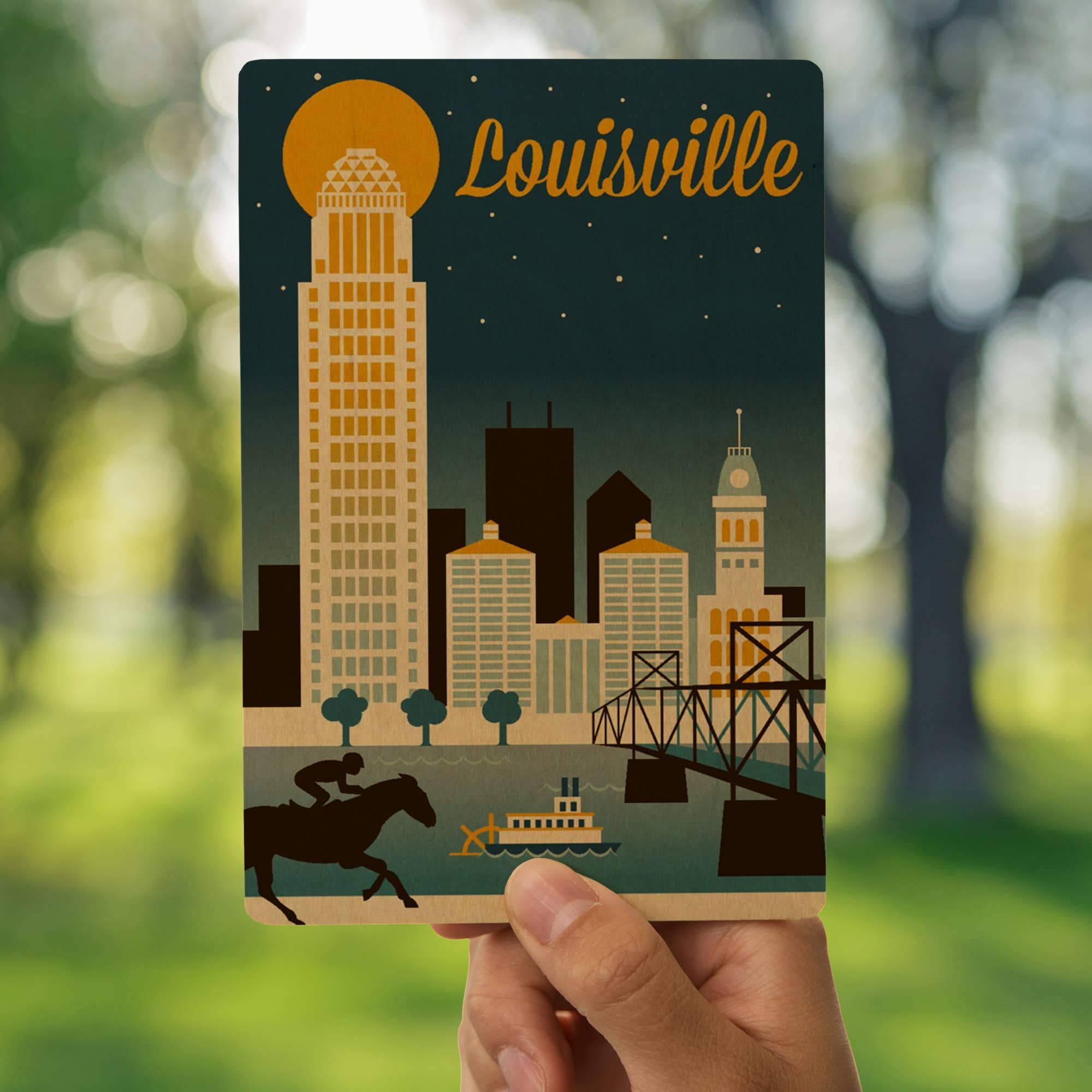 Lantern Press - Venta al por mayor Tarjeta postal - POSTAL DE MADERA Louisville, Kentucky, Retro Skyline6