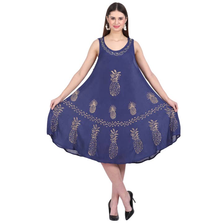 RAYON DENIM PINEAPPLE DESIGN PRINT UMBRELLA DRESS for wholesale by Le Styles