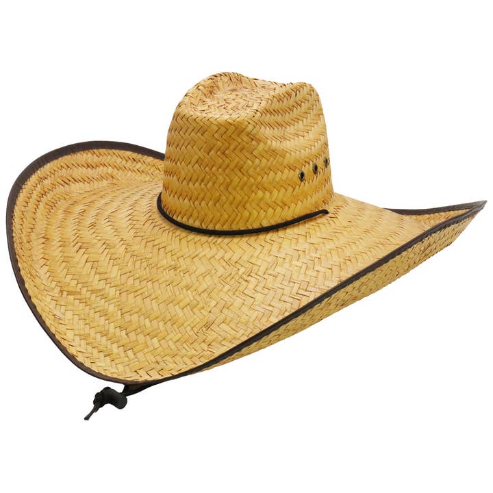 Natural Dark Brown Eyeleted Biggs Extra Wide Retro Brim Straw Cowboy Hat for wholesale on Faire