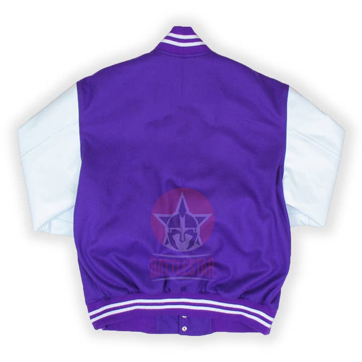 Battlestar Clothing & Gear Co - Wholesale Varsity/Baseball Jacket - Men's - Purple Wool Varsity Baseball Jacket White Leather Sleeves1