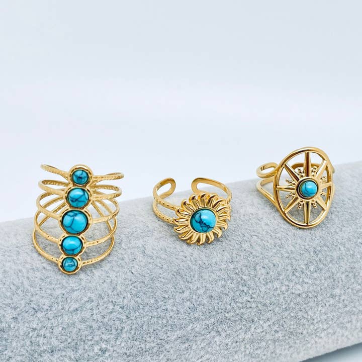 Mio Queena - Wholesale Cocktail/Statement Ring - Turquoise 18K Gold Plated Stainless Steel Rings -FGS/CS