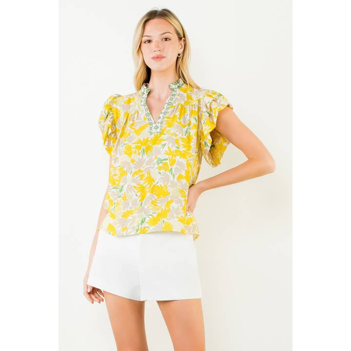 Flowy Sleeve Floral Print V-Neck Top for wholesale by THML