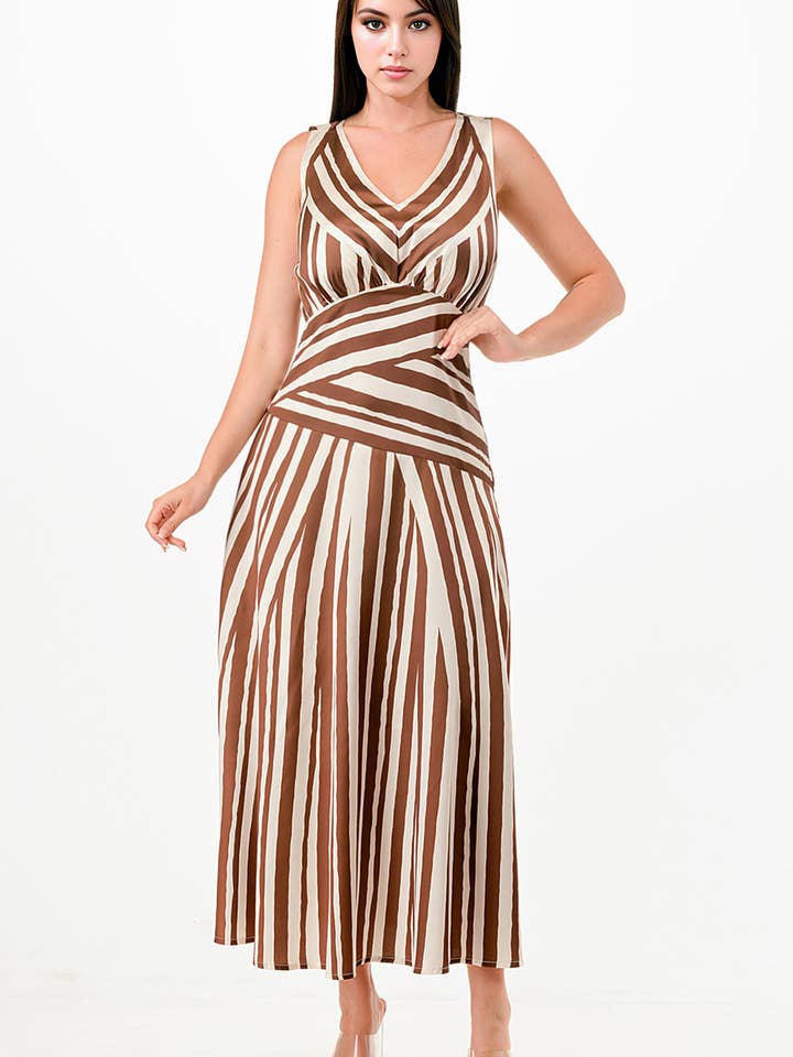 BD3948_Striped Satin effect V-Neck Maxi Dress for wholesale by Her Bottari