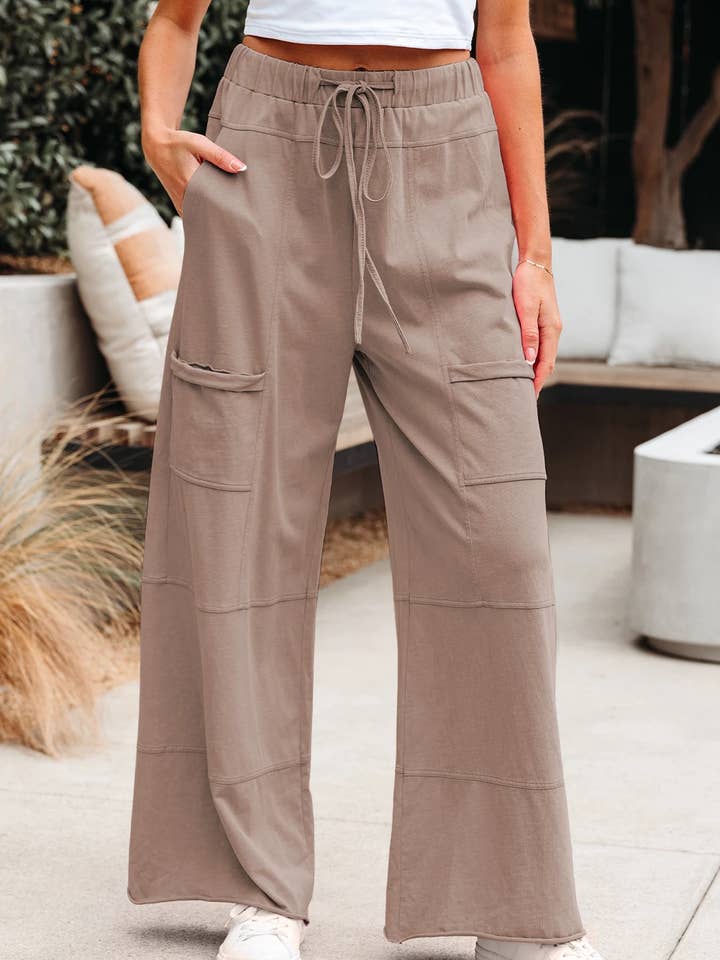 FULL TIME PURCHASE - Wholesale Pants - Women's - Mineral Wash Exposed Seam Drawstring Wide Leg Cargo Pants2