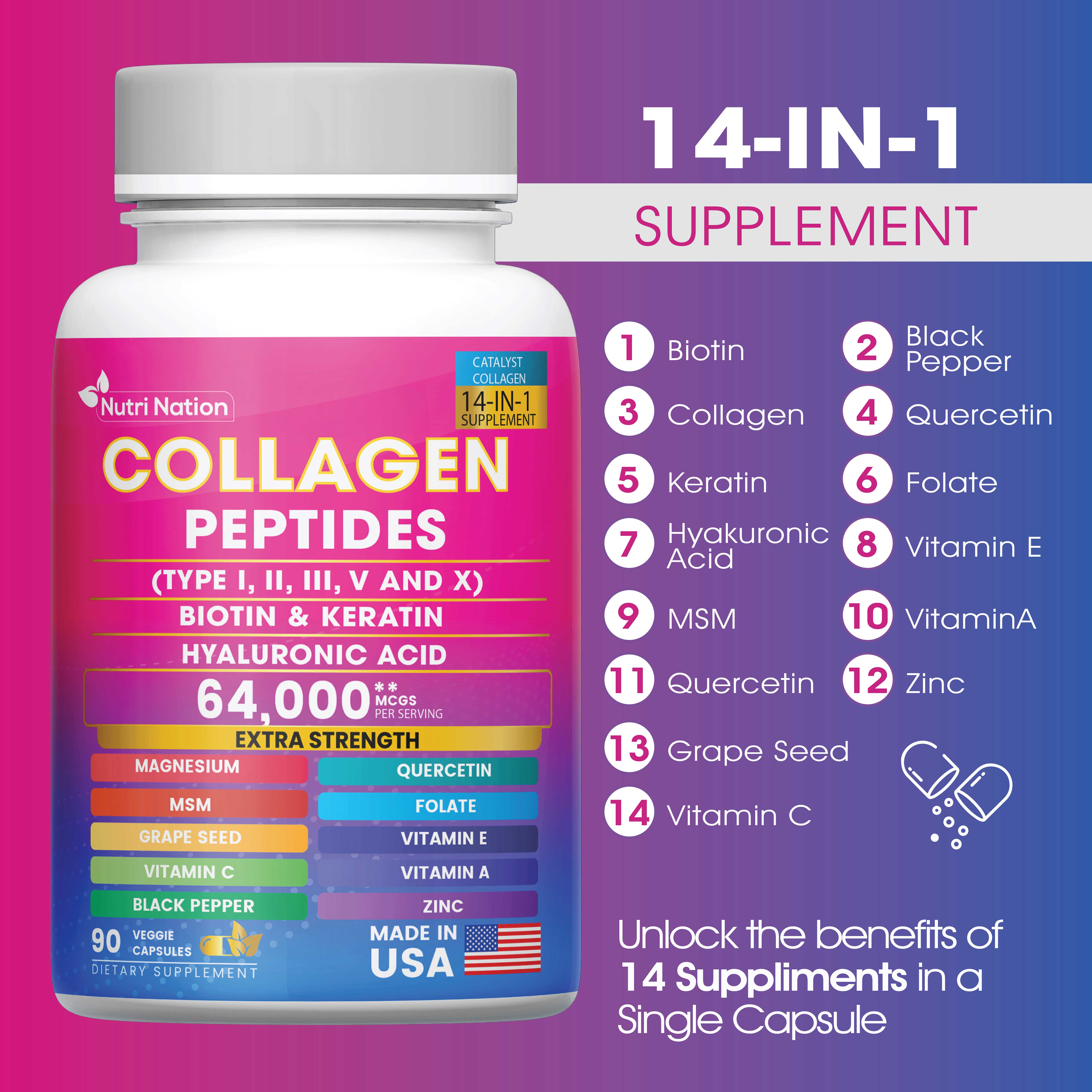 Nutri Nation – Großhandel Nahrungsergänzungsmittel/Vitamin zum Einnehmen – Kollagen-Peptid-Kapseln, Typ I, II, III, V & X Biotin Keratin Hyaluronsäure MSM Vitamin C, E & A, Folsäure Zink Magnesium mit Traubenkernextrakt, Quercetin (90 Kapseln)5